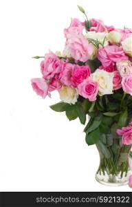 bouquet of fresh roses. bunch of pink and white fresh roses and eustoma flowers close up isolated on white background