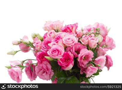 bouquet of fresh roses. bunch of pink roses and eustoma flowers close up isolated on white background