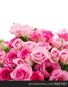 bouquet of fresh roses. pink roses and eustoma flowers close up isolated on white background