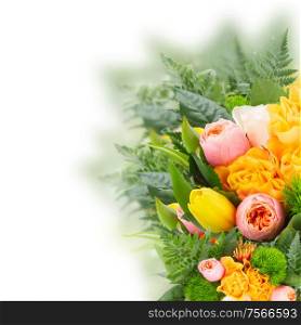 bouquet of fresh spring rose and tulip flowers on white background. bouquet of fresh spring flowers