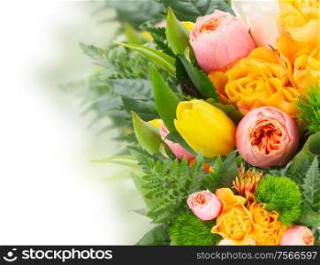 bouquet of fresh spring rose and tulip flowers on white background. bouquet of fresh spring flowers