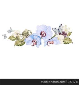 Bouquet of orchid flowers. Watercolor illustration. Bouquet of orchid flowers. Watercolor