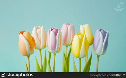 Bouquet of pastel tulips on uniform background. Generative AI.. Bouquet of pastel tulips on uniform background. Generative AI