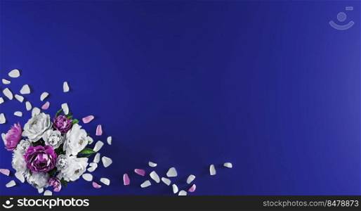 Bouquet of peonies and flower petals on bluebackground top angle view. Valentine’s Day, Birthday, Mother Day mockup. Greeting card with flower bouquet mockup. Flat lay. 3d rendering