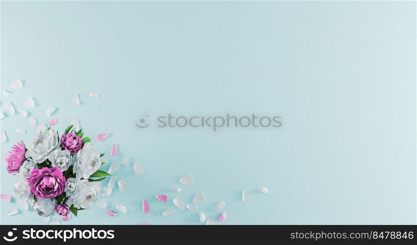 Bouquet of peonies and flower petals on light blue background top angle view. Valentine’s Day, Birthday, Mother Day mockup. Greeting card with flower bouquet mockup. Flat lay. 3d rendering