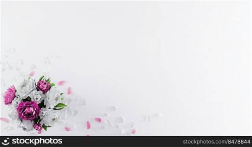Bouquet of peonies and flower petals on white background top angle view. Valentine&rsquo;s Day, Birthday, Mother Day mockup. Greeting card with flower bouquet mockup. Flat lay. 3d rendering