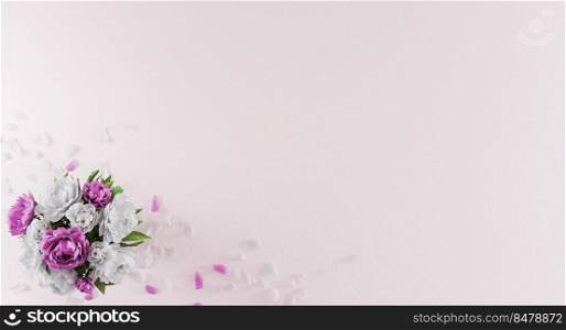 Bouquet of peonies and flower petals on white background top angle view. Valentine’s Day, Birthday, Mother Day mockup. Greeting card with flower bouquet mockup. Flat lay. 3d rendering