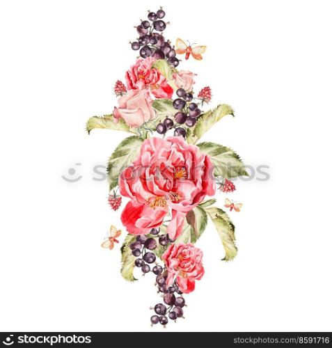 Bouquet of peony flowers and berries currants. Watercolor illustration. Bouquet of peony flowers and berries currants. Watercolor