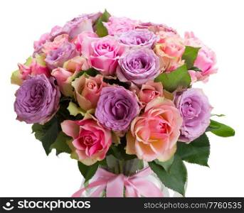 bouquet of pink and violet  fresh roses closeup  isolated on white background. bouquet of fresh roses