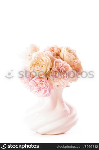 Bouquet of pink and white blooming roses in a white vase isolated on a white background. Blooming roses in vase