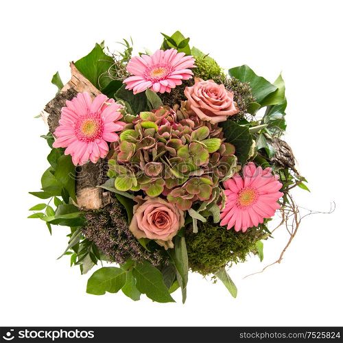 Bouquet of pink flowers roses and daisy isolated on white background