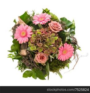 Bouquet of pink flowers roses and daisy isolated on white background