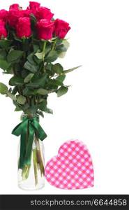 bouquet of  pink rose flowers  with heart gift box isolated on white background