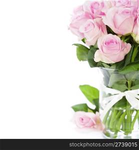 bouquet of pink roses in vase on the white background