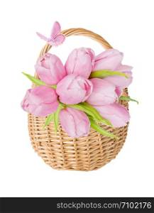 Bouquet of pink tulips flowers in wattled basket of natural wicker and pink butterfly, isolated on a white background,