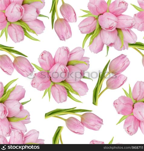Bouquet of pink tulips flowers isolated on white background as a seamless pattern