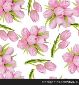 Bouquet of pink tulips flowers isolated on white background as a seamless pattern