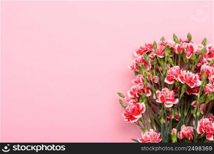 Bouquet of red and white carnation flowers on pastel pink background. Top view with copy-space.