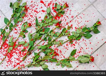 Bouquet of red roses thrown on floor