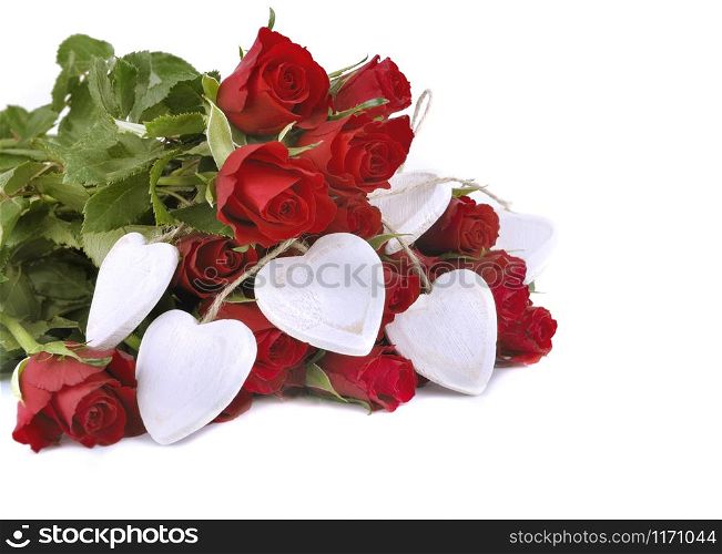 bouquet of red roses with white hearts isolated on white background