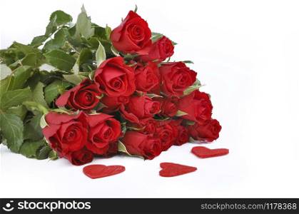 bouquet of red roses with white little red heart isolated on white background