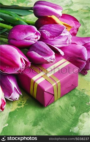 Bouquet of spring purple tulips