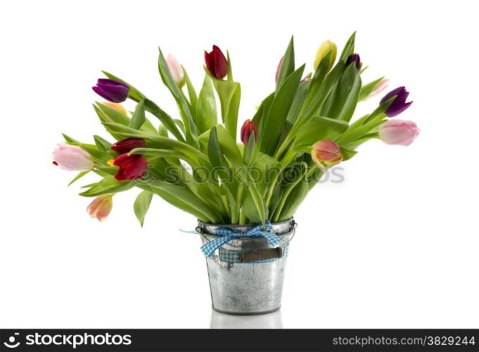 bouquet of tulips in metal bucket
