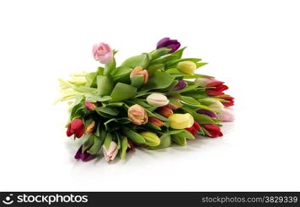 bouquet of tulips in rd yellow white pink and orange