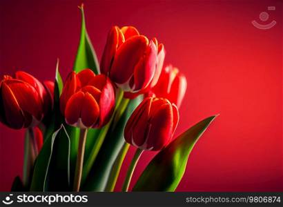 Bouquet of tulips on a red background with leaves. Illustration AI Generative