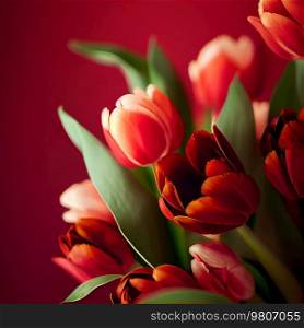 Bouquet of tulips on a red background with leaves. Illustration AI Generative