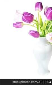bouquet of violet and pink tulips in porcelain vase