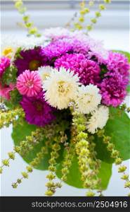 bouquet of white and pink chrysanthemums, close-up. bouquet of white and pink chrysanthemums