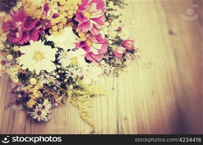 Bouquet of Wild Summer Flowers on Wooden Table - Vintage Look