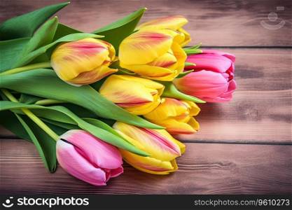 Bouquet of yellow and pink tulips on dark wooden surface. Spring holiday, international mom’s day.