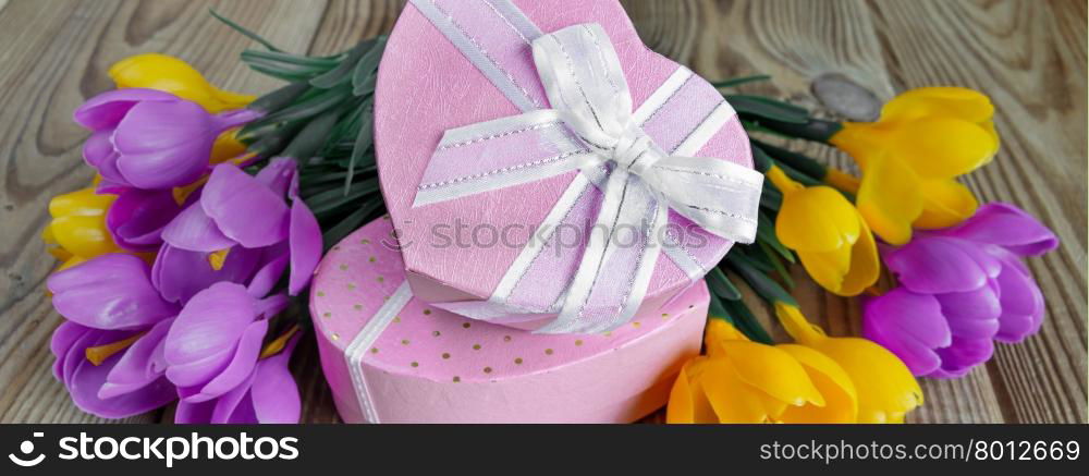 Bouquet of yellow and purple crocuses and two pink gift boxes in the shape of a heart, tied with white ribbons, on an unpainted wooden surface