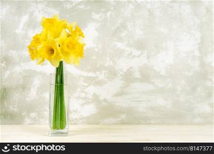Bouquet of yellow daffodils, narcissus in transparent vase on aged white plaster background with copy space. Mockup, template for holiday, birthday, mother’s day on yellow background with copy space. Bouquet of yellow daffodils, narcissus in vase on white plaster background with copy space