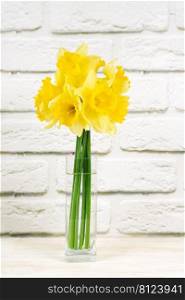 Bouquet of yellow daffodils, narcissus in transparent vase on white brick background with copy space. Mockup, template for holiday, birthday, mother’s day on yellow background with copy space for text. Bouquet of yellow daffodils, narcissus in vase on white brick background with copy space