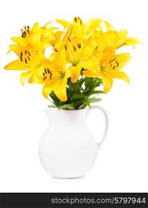 bouquet of yellow lilies in a jar on white background