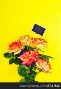 bouquet of yellow roses with a blank black sign on a yellow background