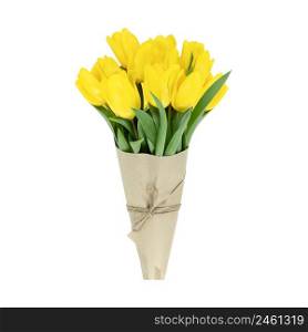 Bouquet of yellow tulips wrapped in craft paper isolated on a white background.. Bouquet of yellow tulips wrapped in craft paper isolated on white background.
