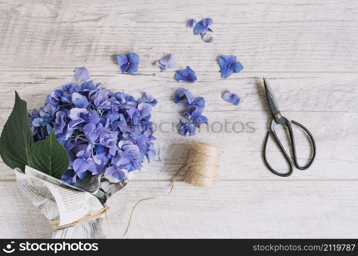 bouquet purple hydrangea flowers tied with spool scissor wooden table