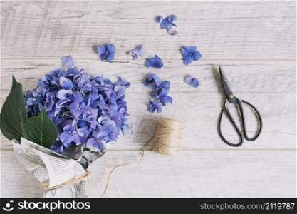 bouquet purple hydrangea flowers tied with spool scissor wooden table