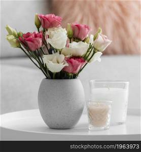 bouquet roses vase candles. High resolution photo. bouquet roses vase candles. High quality photo