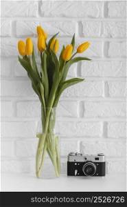 bouquet tulips transparent vase with camera