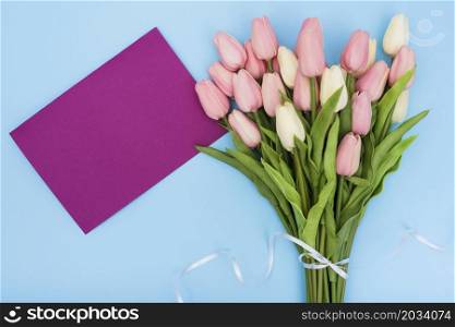 bouquet tulips with purple card