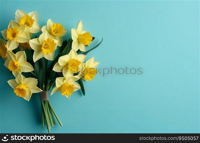 Bouquet yellow daffodils blue background. Petal season. Generate Ai. Bouquet yellow daffodils blue background. Generate Ai
