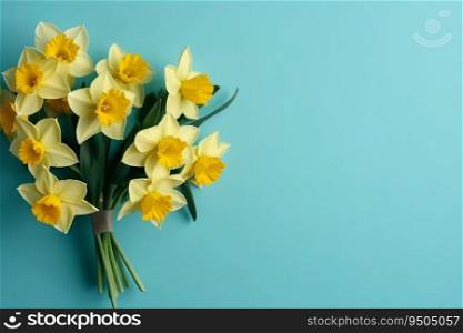 Bouquet yellow daffodils blue background. Petal season. Generate Ai. Bouquet yellow daffodils blue background. Generate Ai