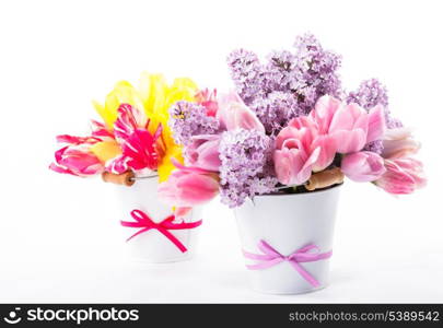 Bouquets from tulips and lilac on white