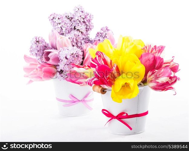 Bouquets from tulips and lilac on white
