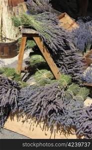 Bouquets of dried lavender for sale at a local market in the Provence, France